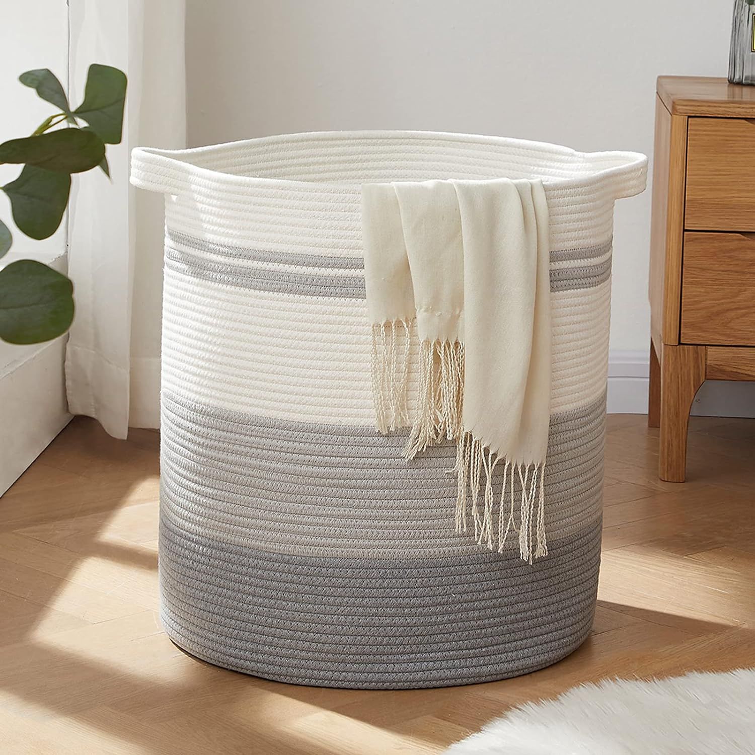 Large Gray and White Cotton Rope Collapsible Laundry Hamper