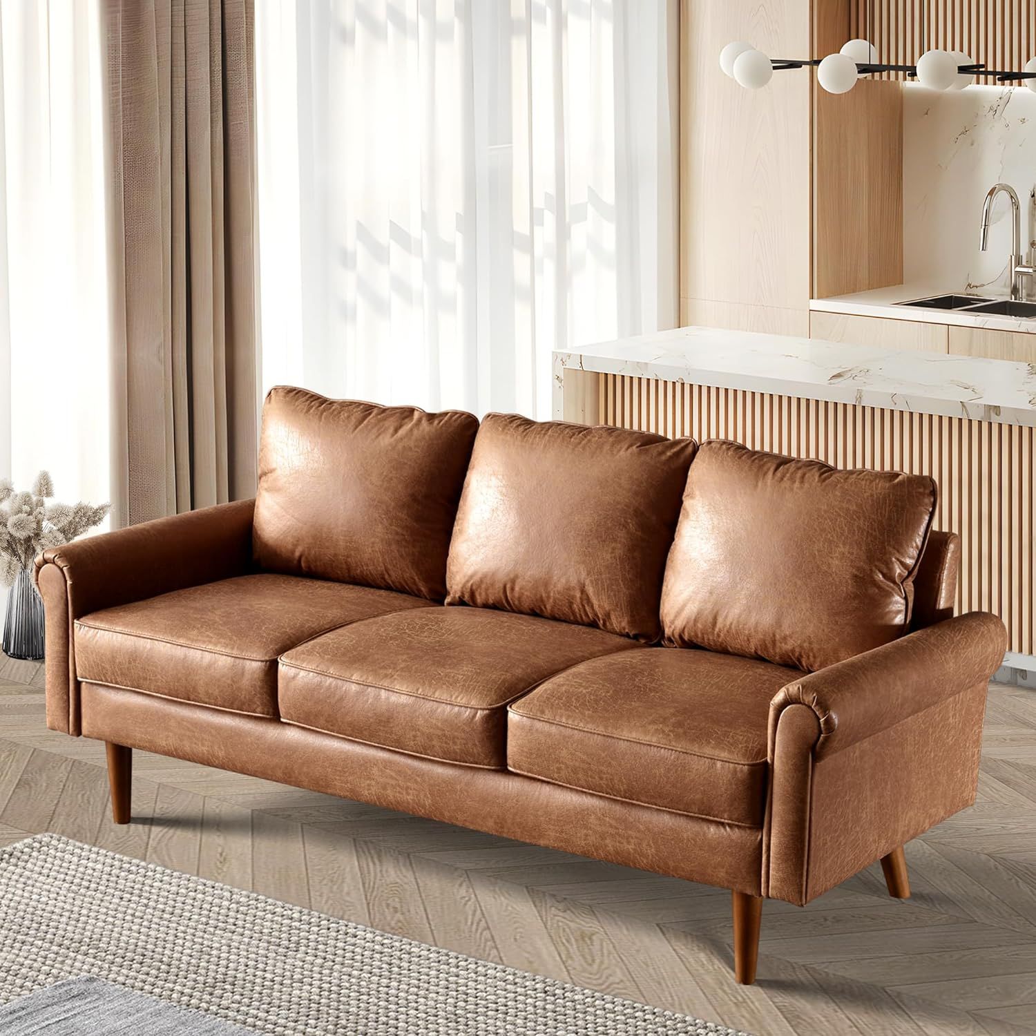 Brown Faux Leather Mid-Century Modern Rolled Arm Sofa