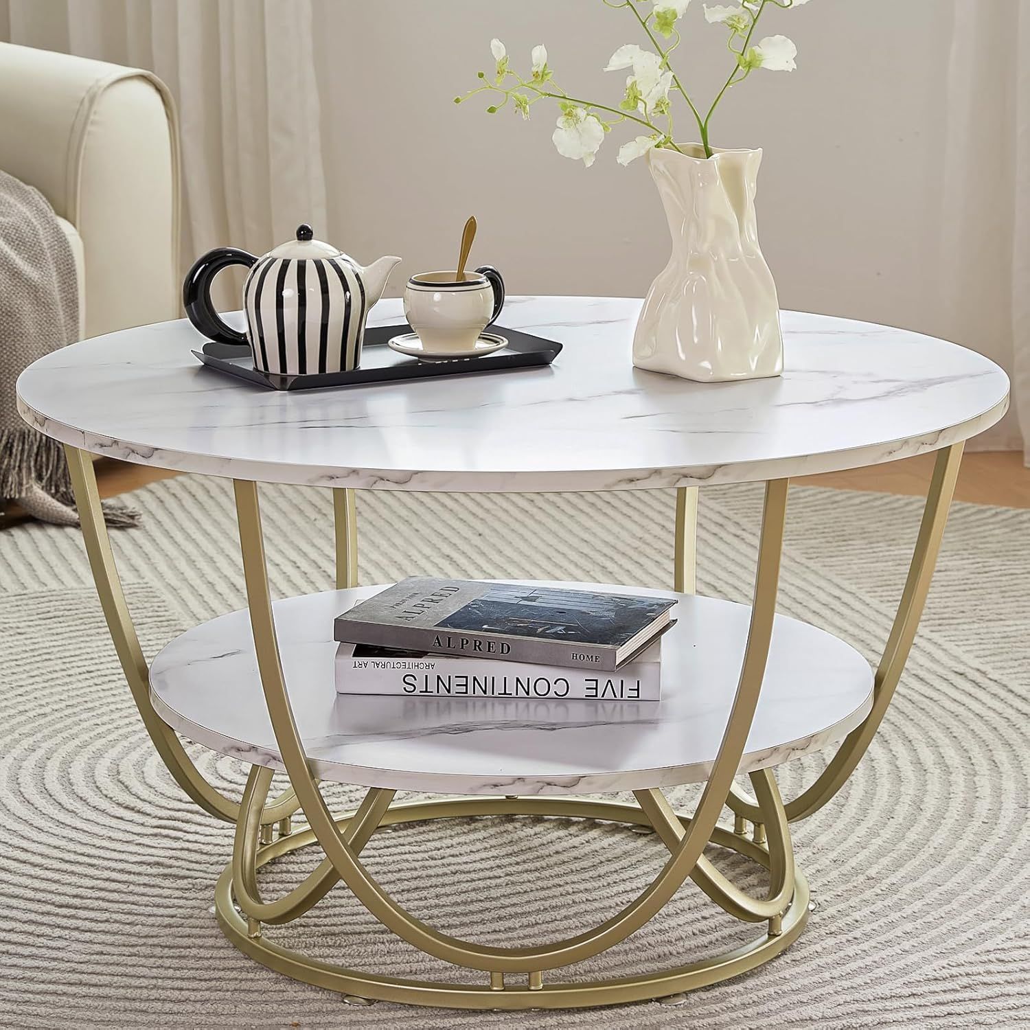 30 Inch White Marble Print Coffee Table with Gold Frame and Storage