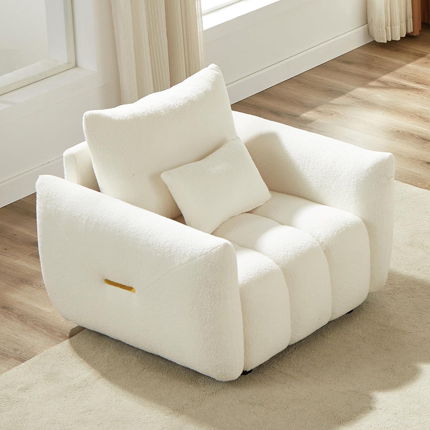 Beige Barrel Accent Chair with Wood Frame and Pillow