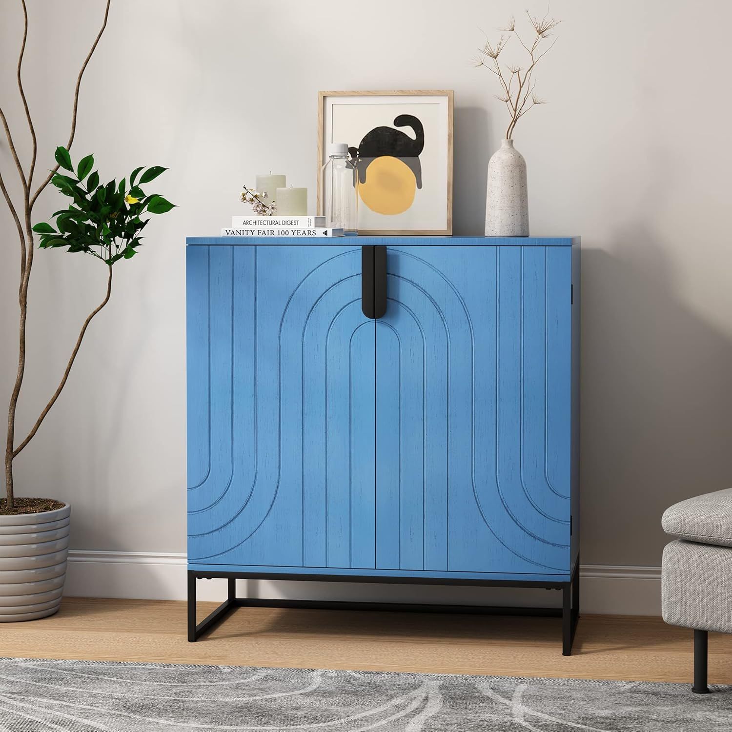 Antique Blue Wood Grain Cabinet with Black Metal Legs