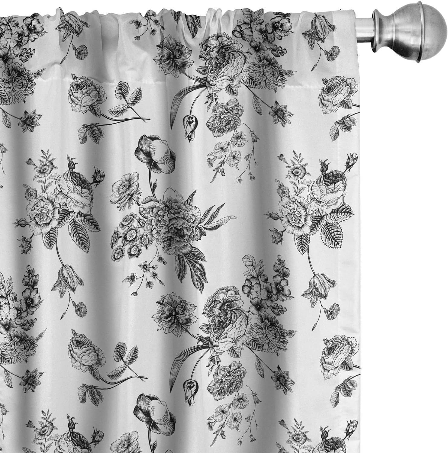 Vintage Floral Black and White Microfiber Curtain Set, 56" x 95"