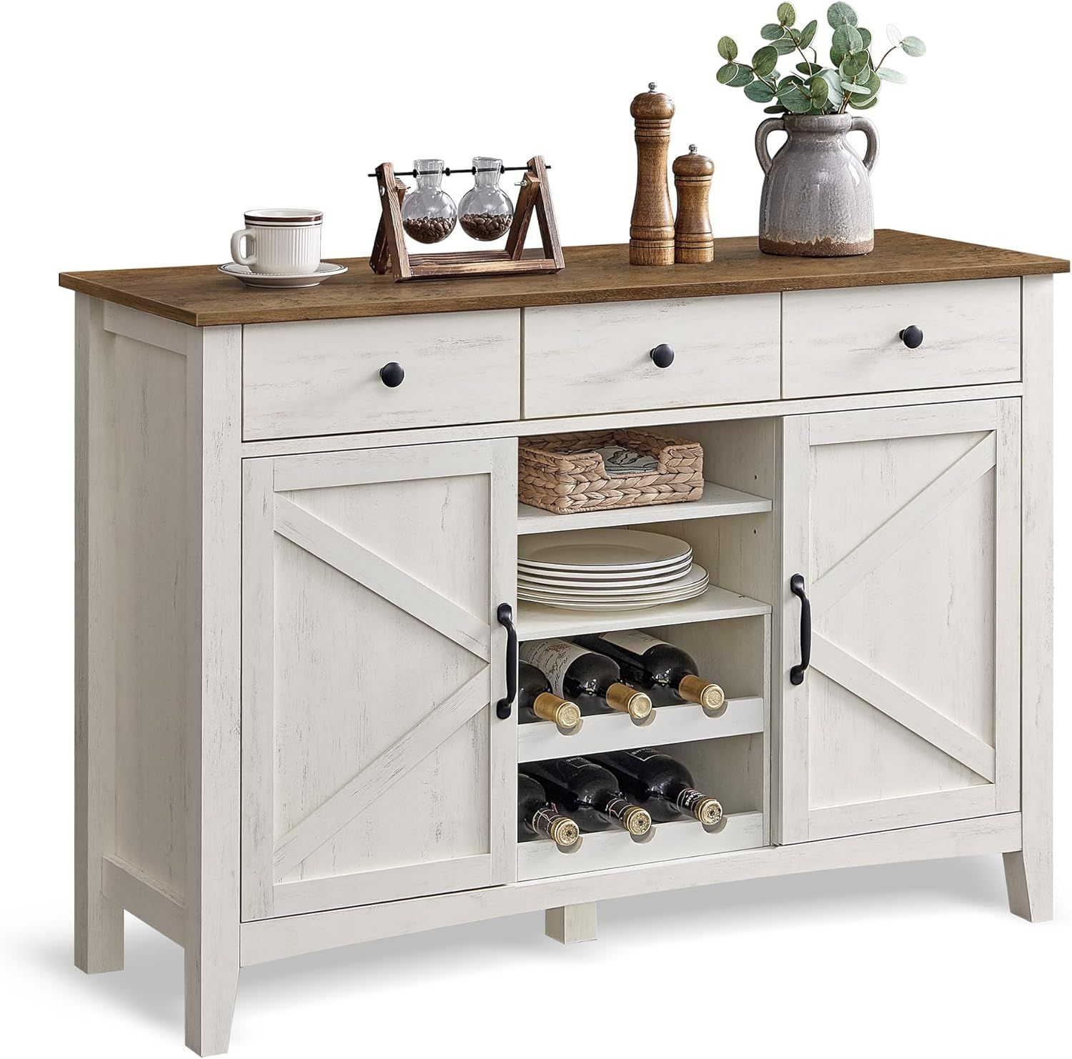 Rustic White and Honey Brown Farmhouse Sideboard with Wine Rack