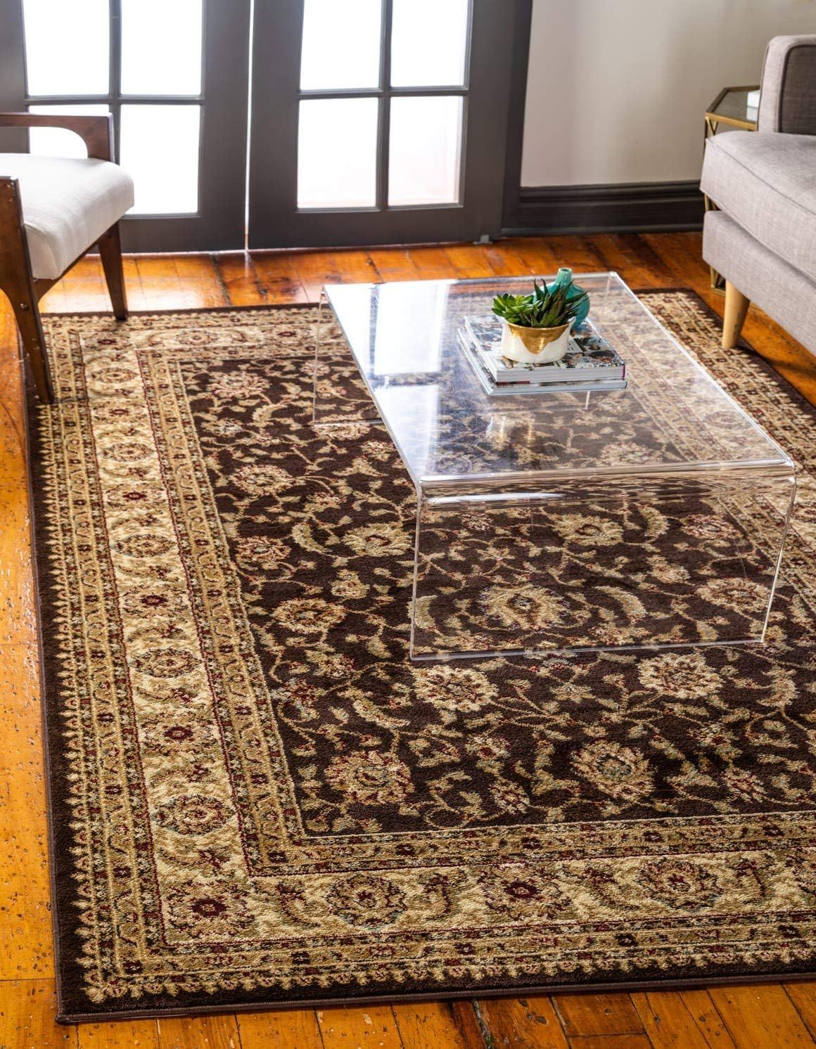 Brown and Ivory Floral Rectangular Synthetic Area Rug, 9' x 12'