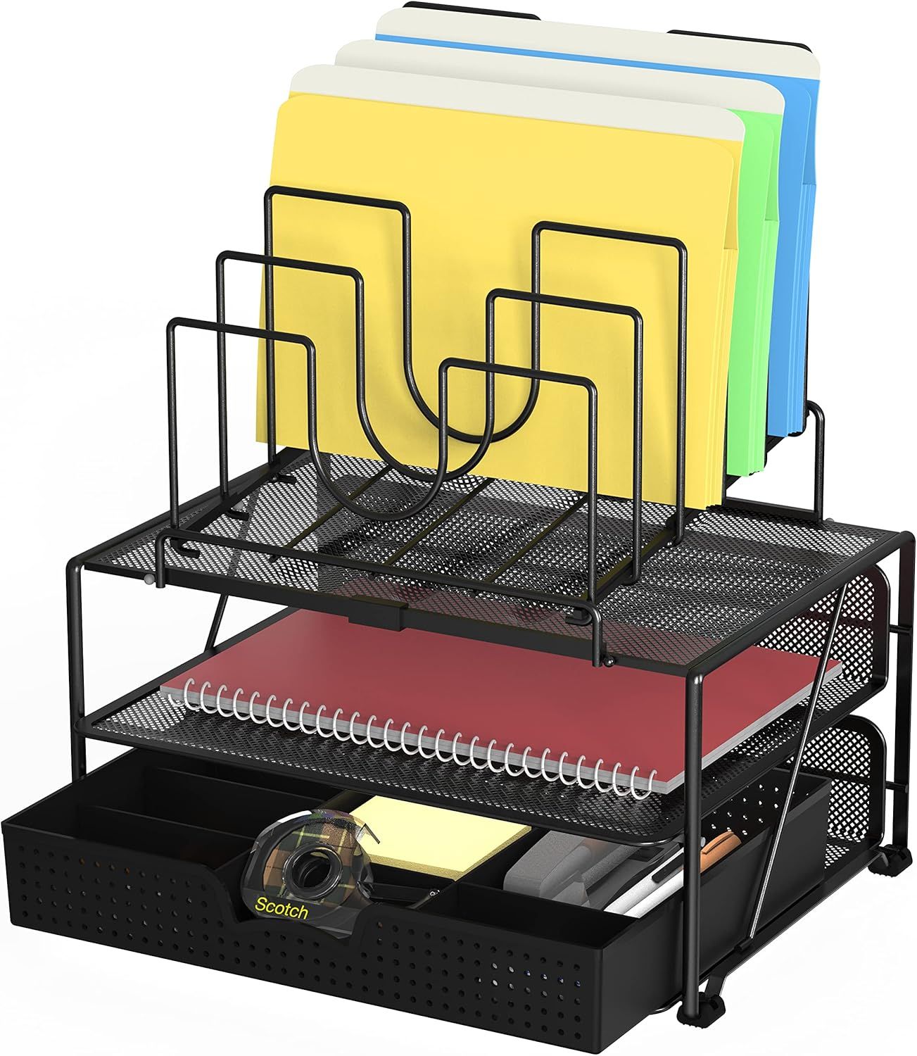 Black Mesh Desktop Organizer with Double Tray and 5 Folder Sections