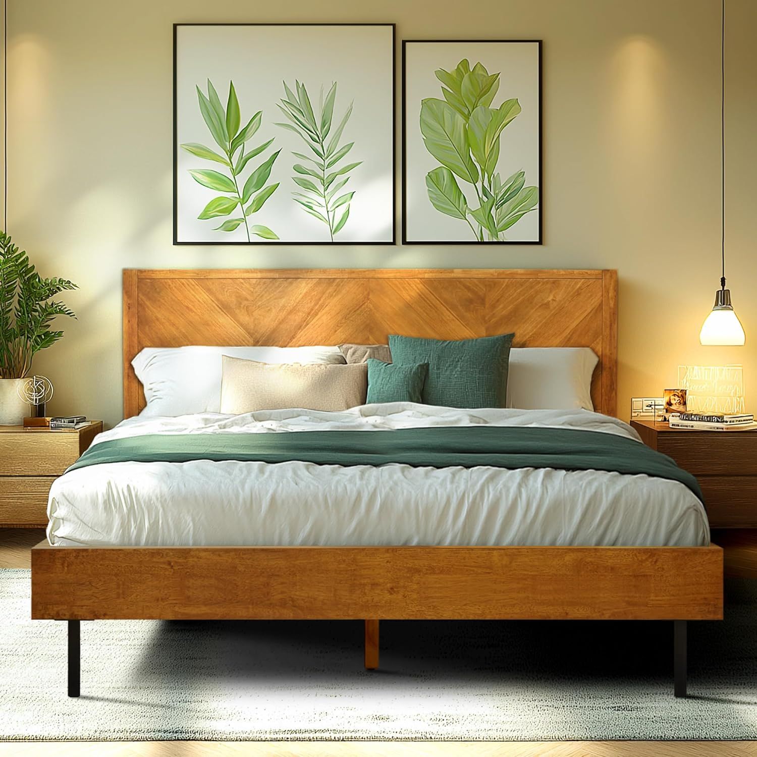 Walnut Queen Solid Wood Bed Frame with Headboard and Drawers