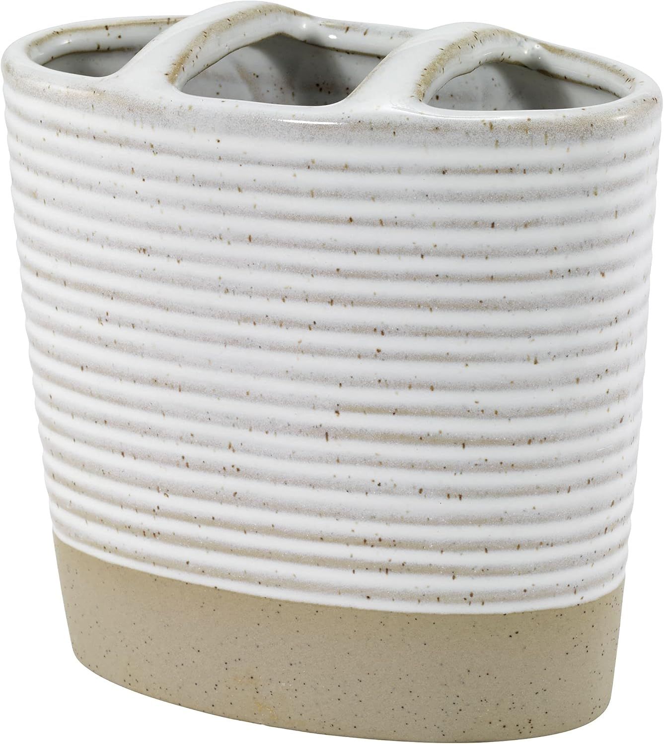 Textured White and Linen Ceramic Toothbrush Holder