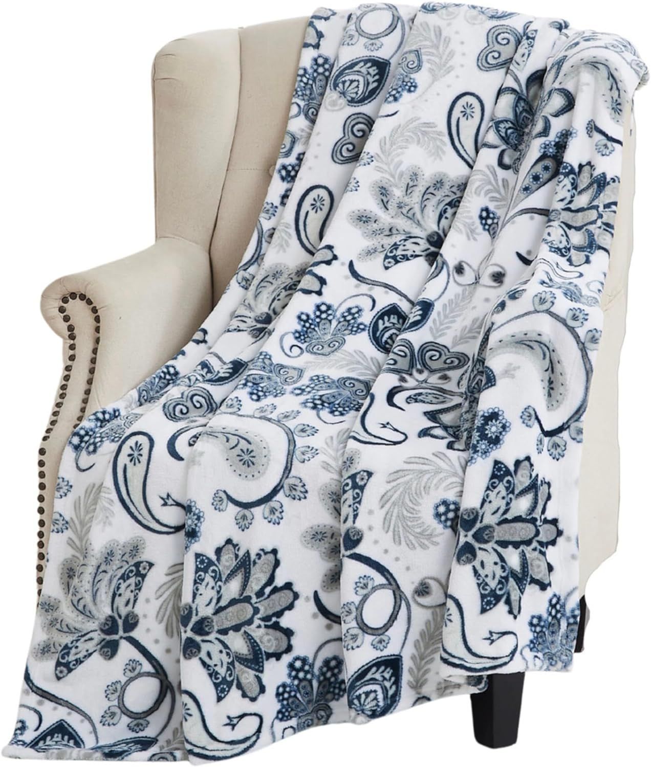 Navy and White Floral Fleece Throw Blanket, 50 x 70 inches