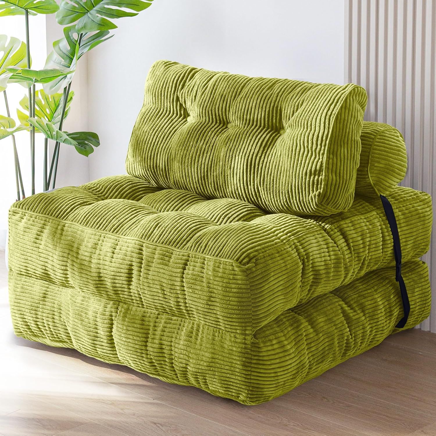 Green Corded Fabric Folding Sofa Bed with Pillow, Single