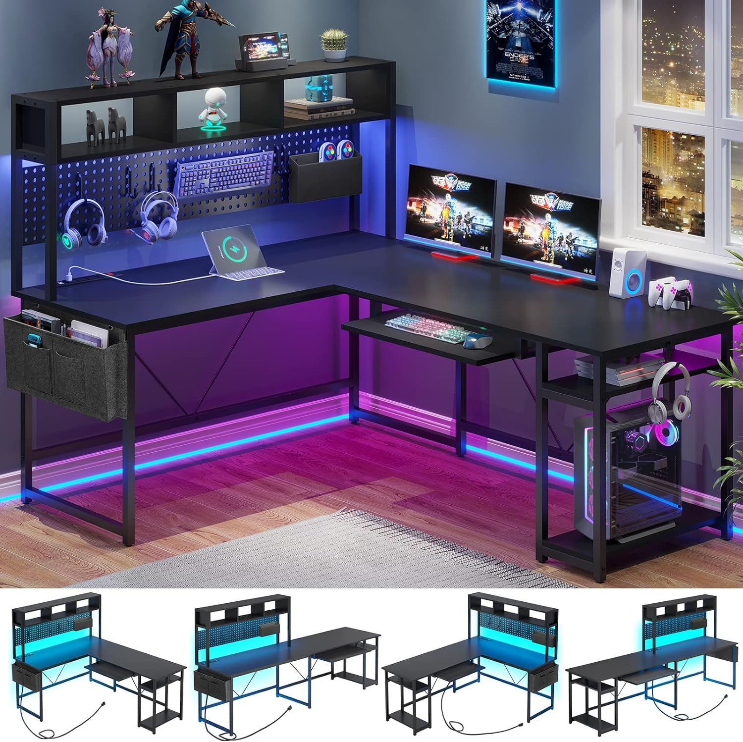 Black L-Shaped Gaming Desk with LED Lights and Storage