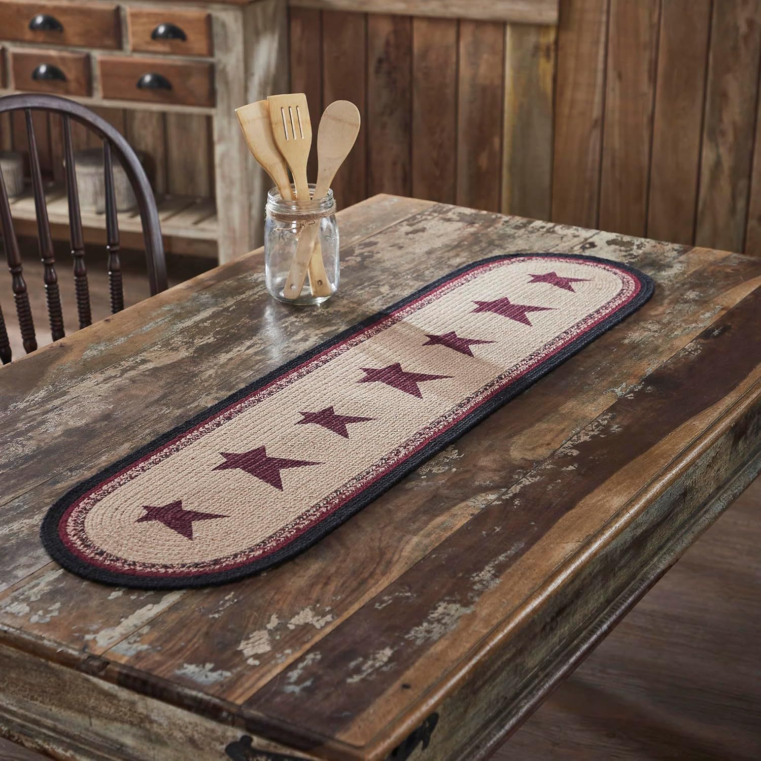 Rustic Burgundy Star Braided Cotton Polyester Table Runner 12x48