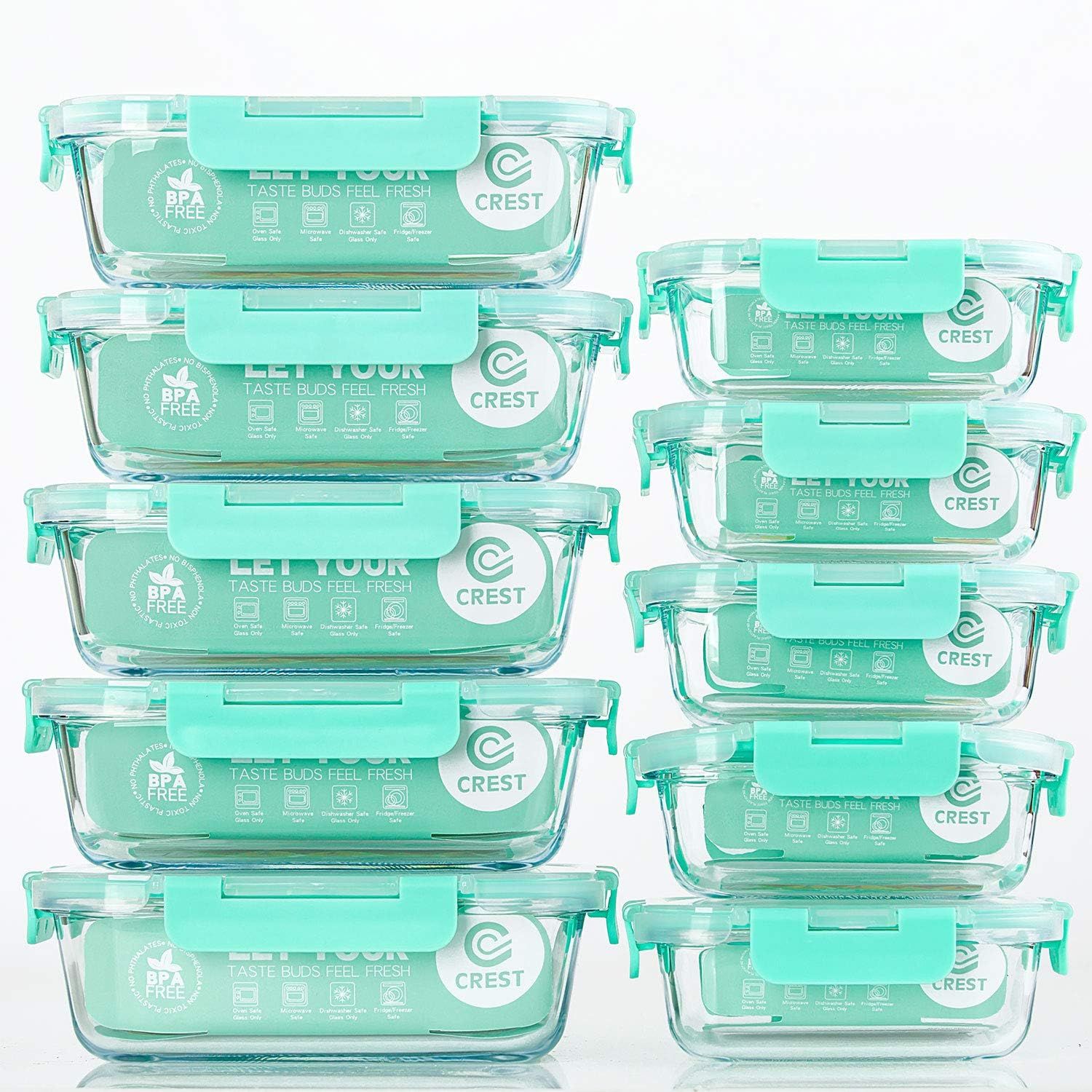 Light Green Glass Airtight Meal Prep Containers with Lids, 10-Pack