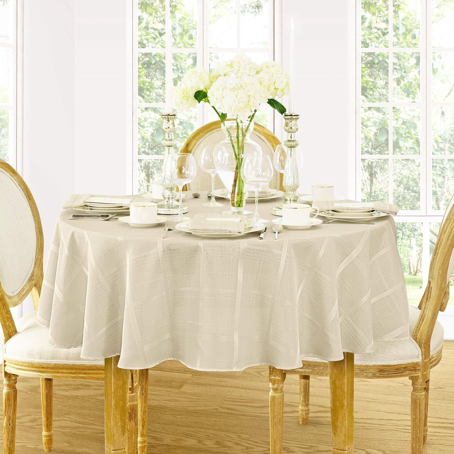 Beige Round Stain-Resistant Polyester Tablecloth