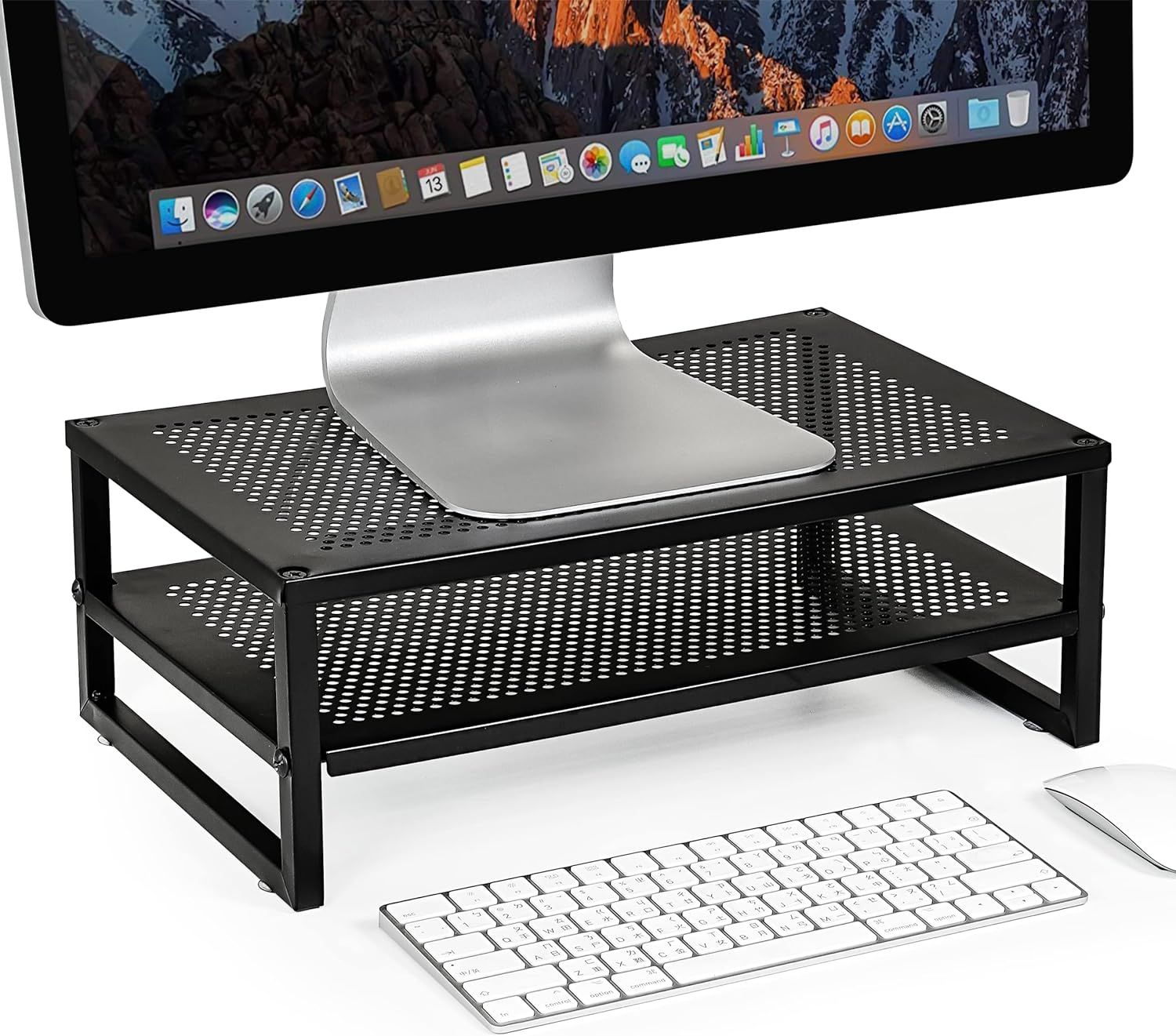 Black Metal 2-Tier Monitor Stand with Perforated Shelves