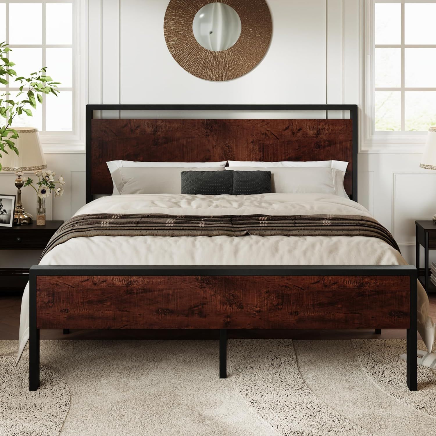 Queen Black Oak Metal Frame Bed with Wood Headboard and Storage