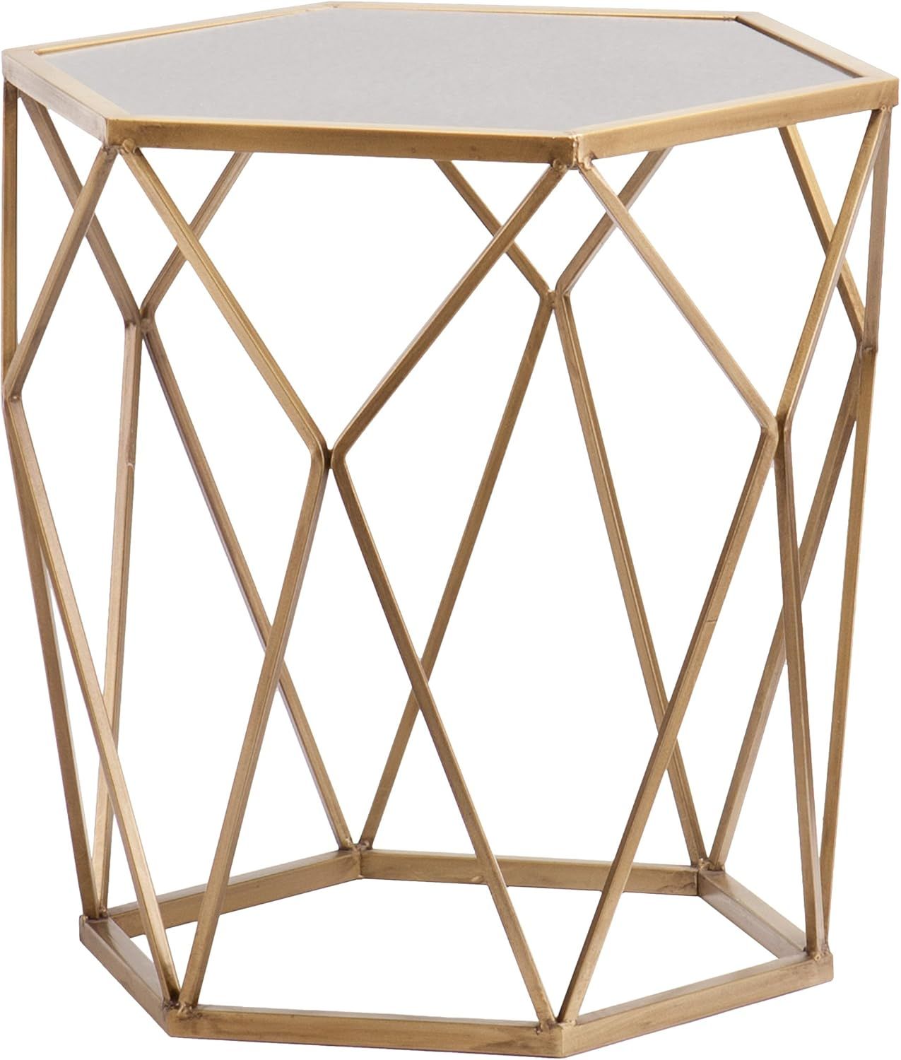 Hexagonal Gold Metal and Mirrored Accent Table