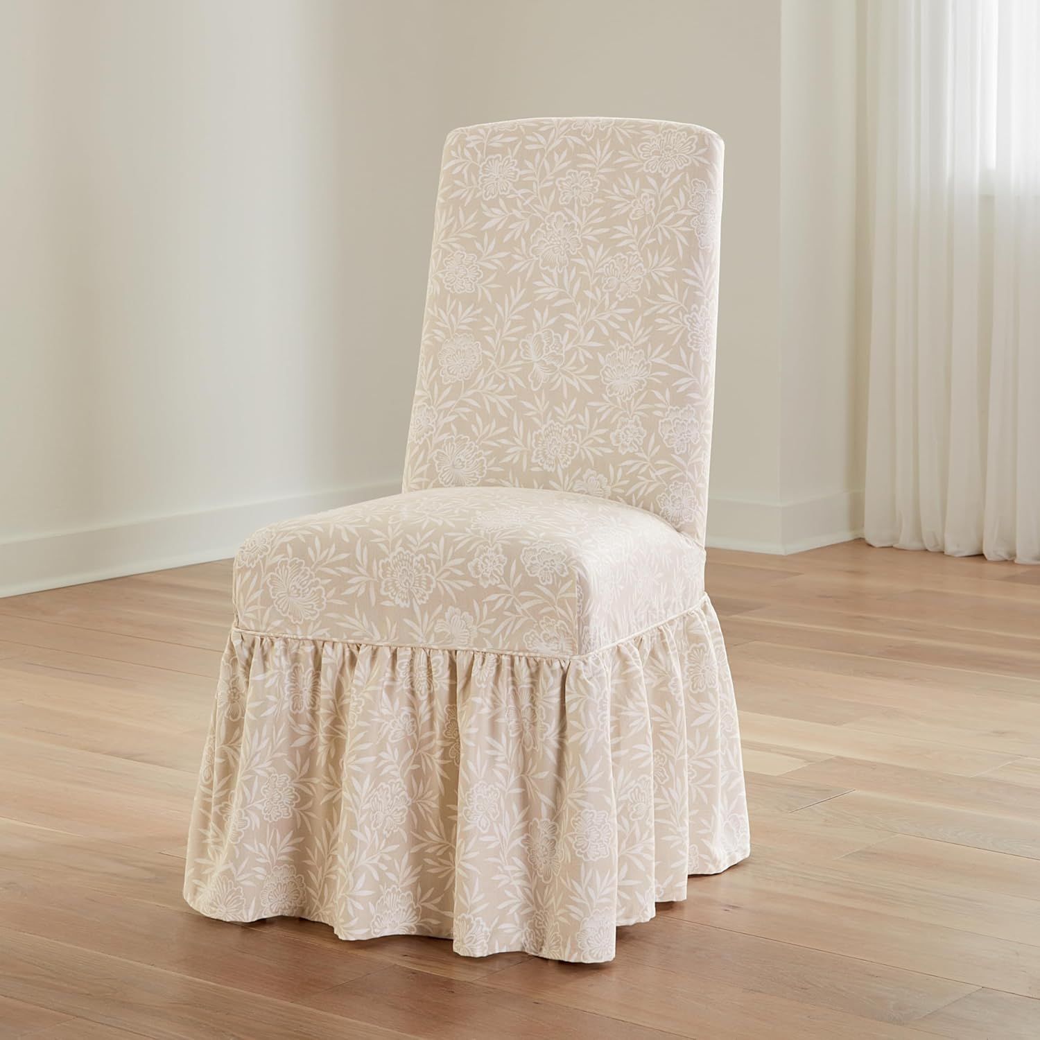 Neutral Floral Cotton Twill Ruffled Dining Chair Slipcover