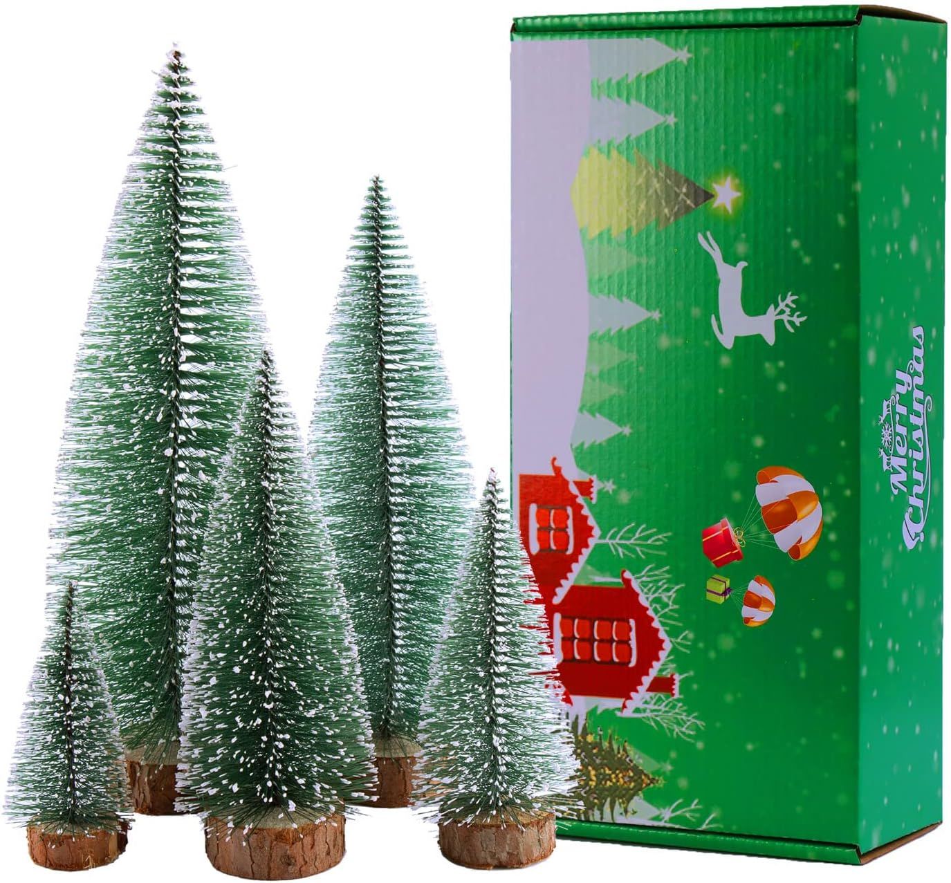 Miniature Green Pine Christmas Trees with Wooden Base, Set of 5