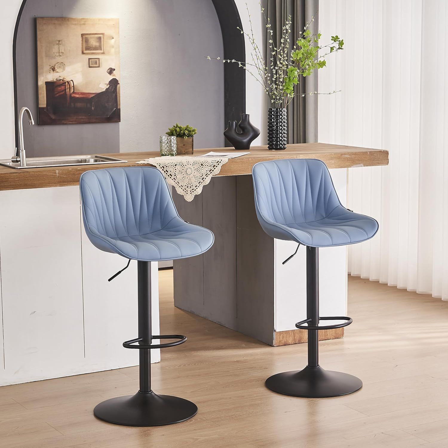 Blue Faux Leather Adjustable Swivel Bar Stools with Metal Base