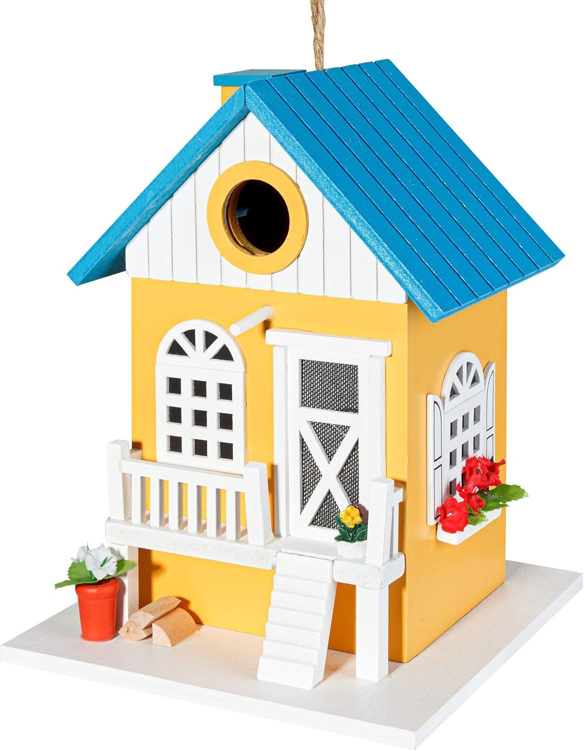 Colorful Wooden Birdhouse with Blue Roof and Yellow Walls