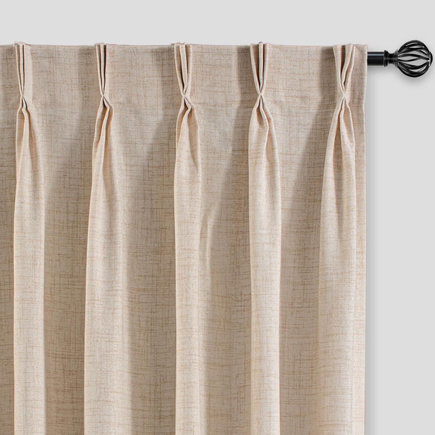 Beige Linen Textured Semi Sheer Pleated Curtain Panels