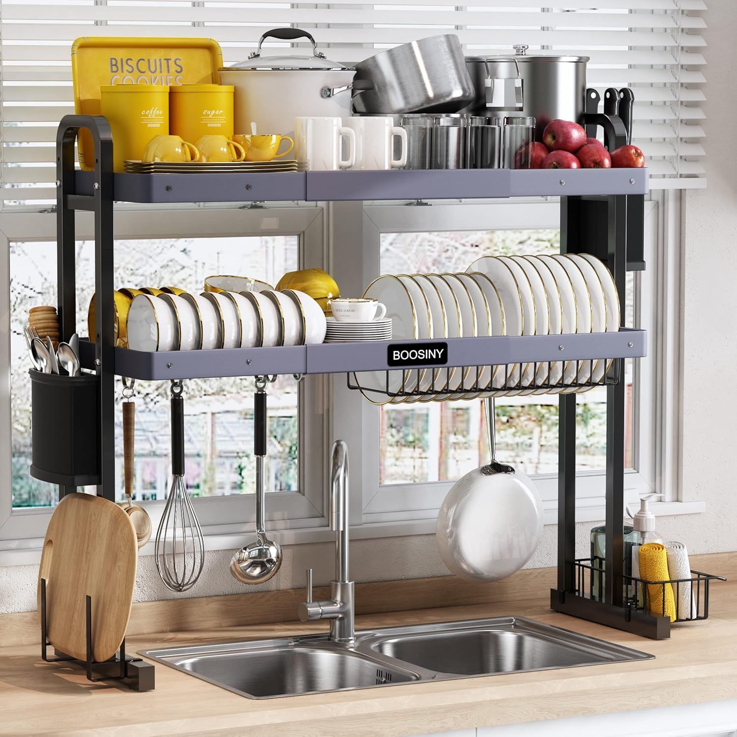 Adjustable Gray Stainless Steel 2-Tier Over Sink Dish Rack