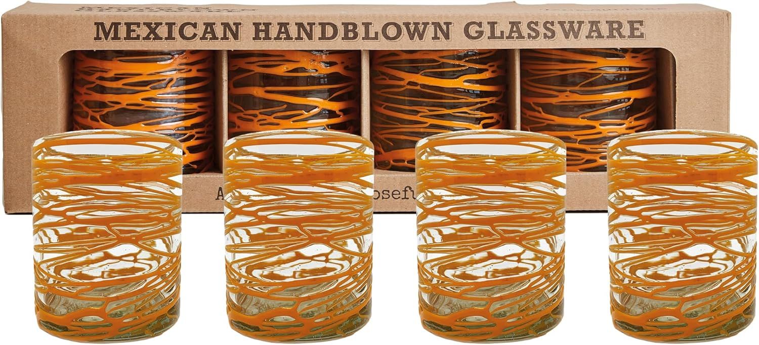 Handblown Orange Swirl Recycled Glass Drinking Set, 13 oz, 4-Piece