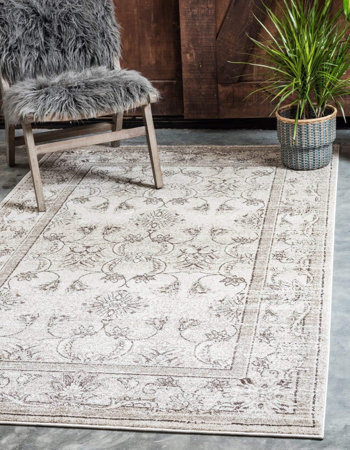 Ivory and Brown Floral Easy-Care Synthetic Area Rug, 6' x 9'