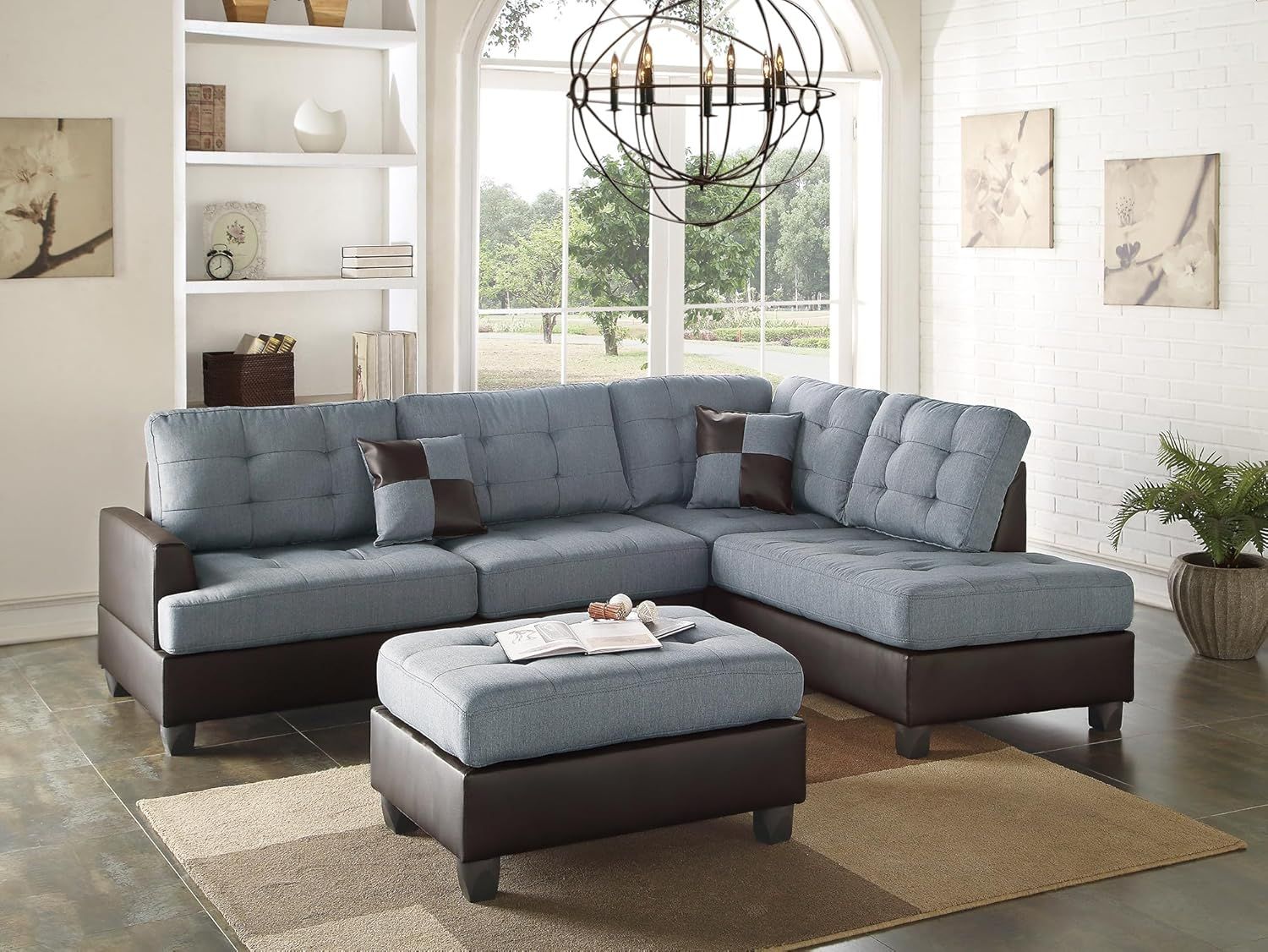 Gray Tufted Faux Leather Three Piece Sectional Sofa with Ottoman