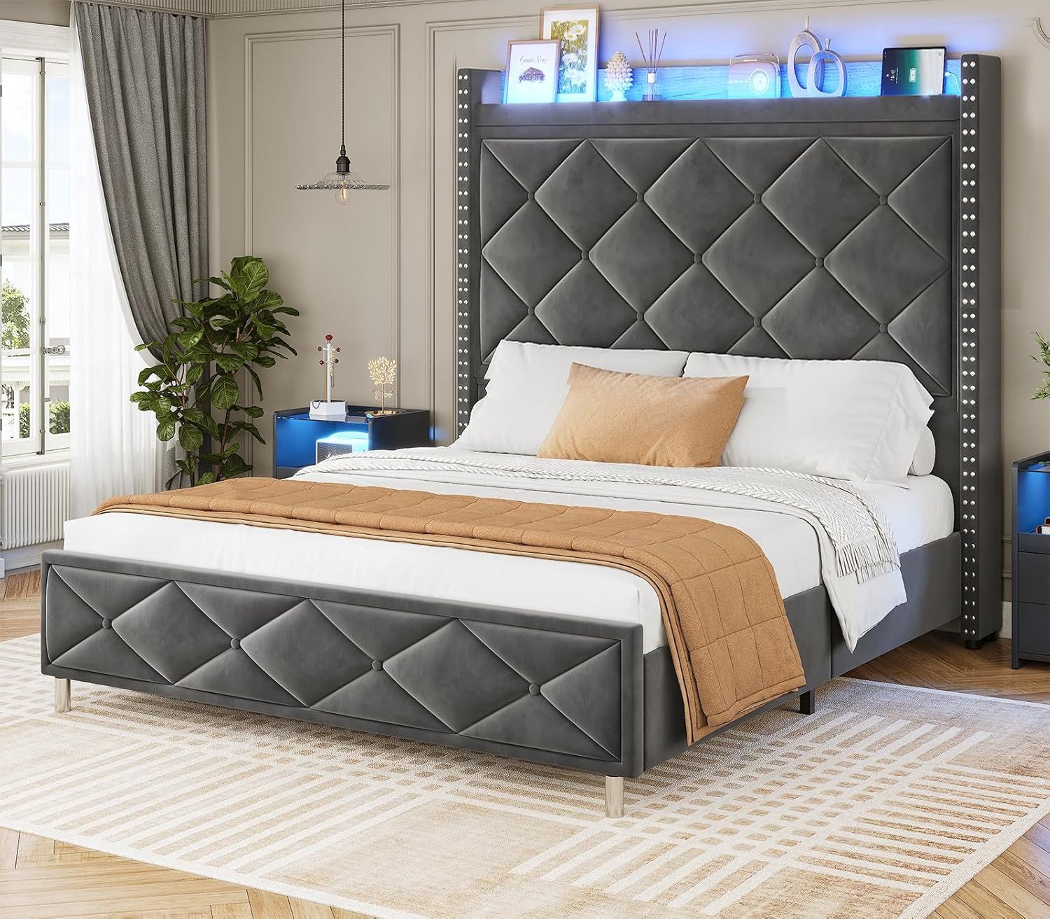 Queen Size Dark Gray Velvet Upholstered Bed Frame with LED Headboard