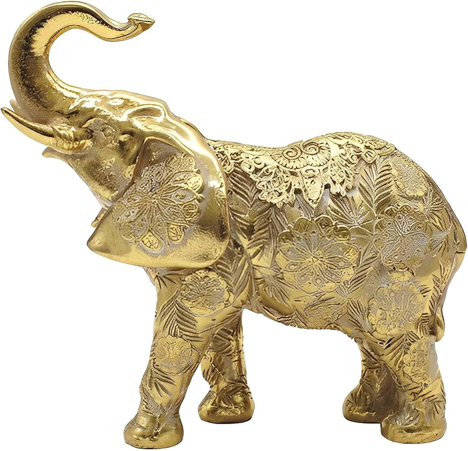 Gold Resin Elephant Figurine with Trunk Up, 6.25"