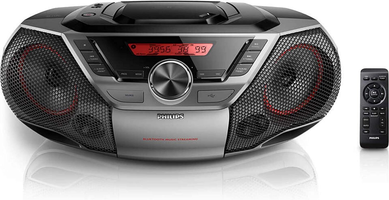 Black and Red Bluetooth Boombox with CD Player and USB