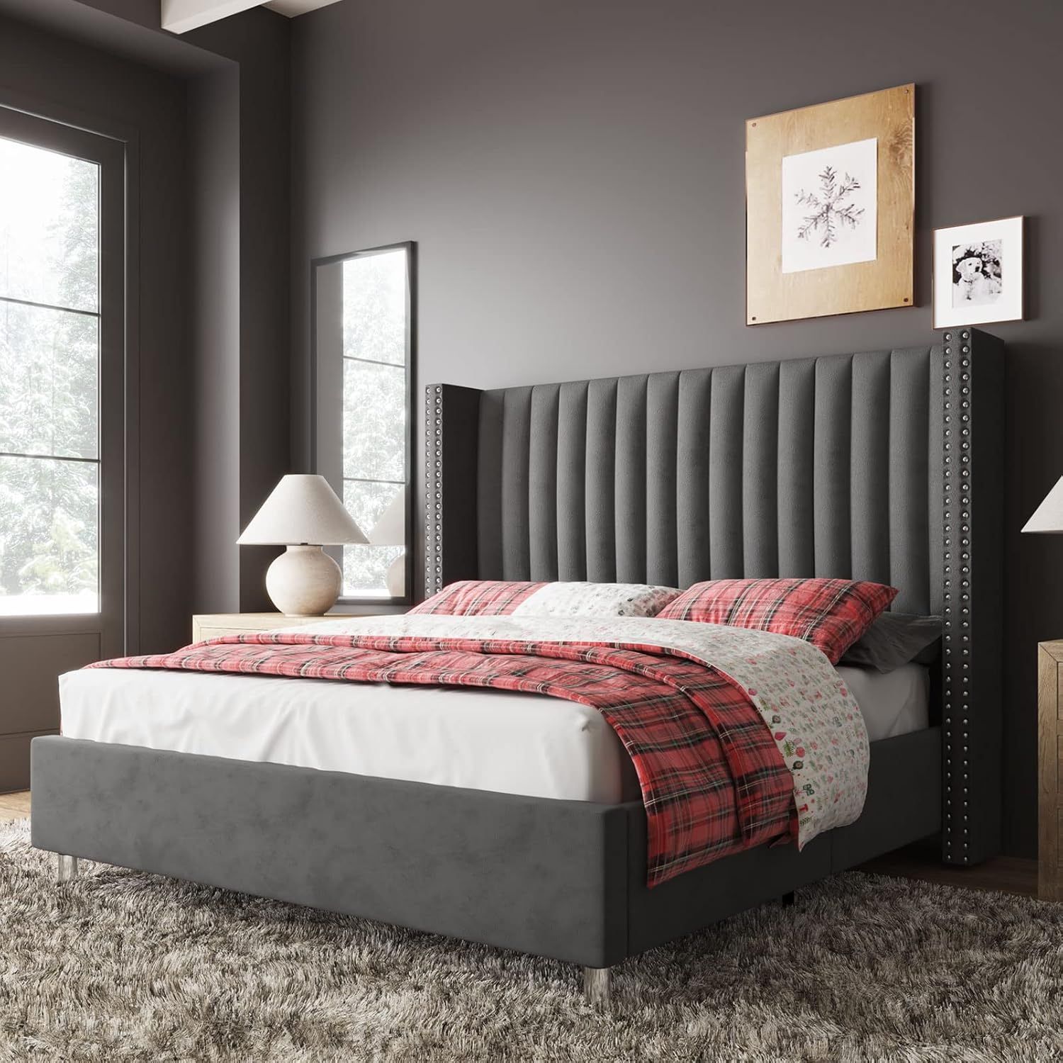 King Dark Gray Velvet Tufted Upholstered Platform Bed with Nailhead Trim