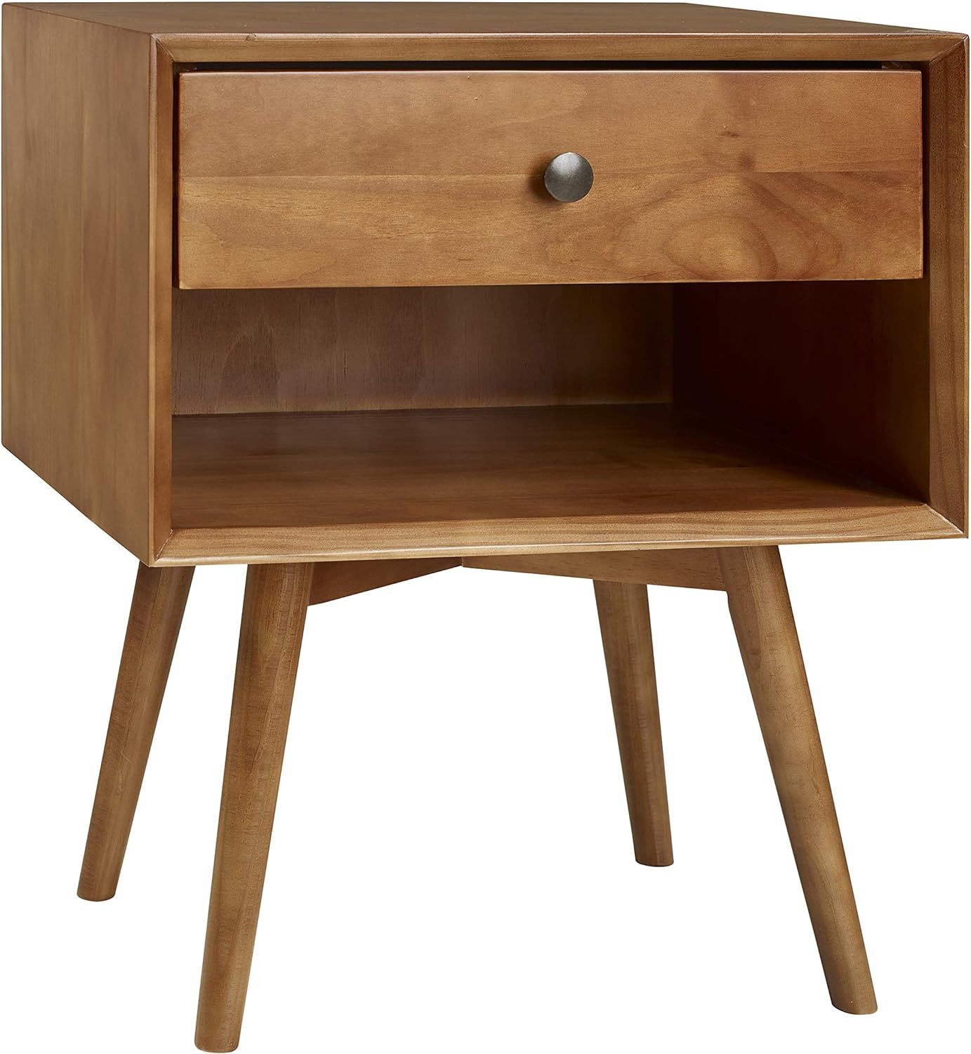 Mid-Century Caramel Solid Pine Nightstand with Antique Metal Hardware