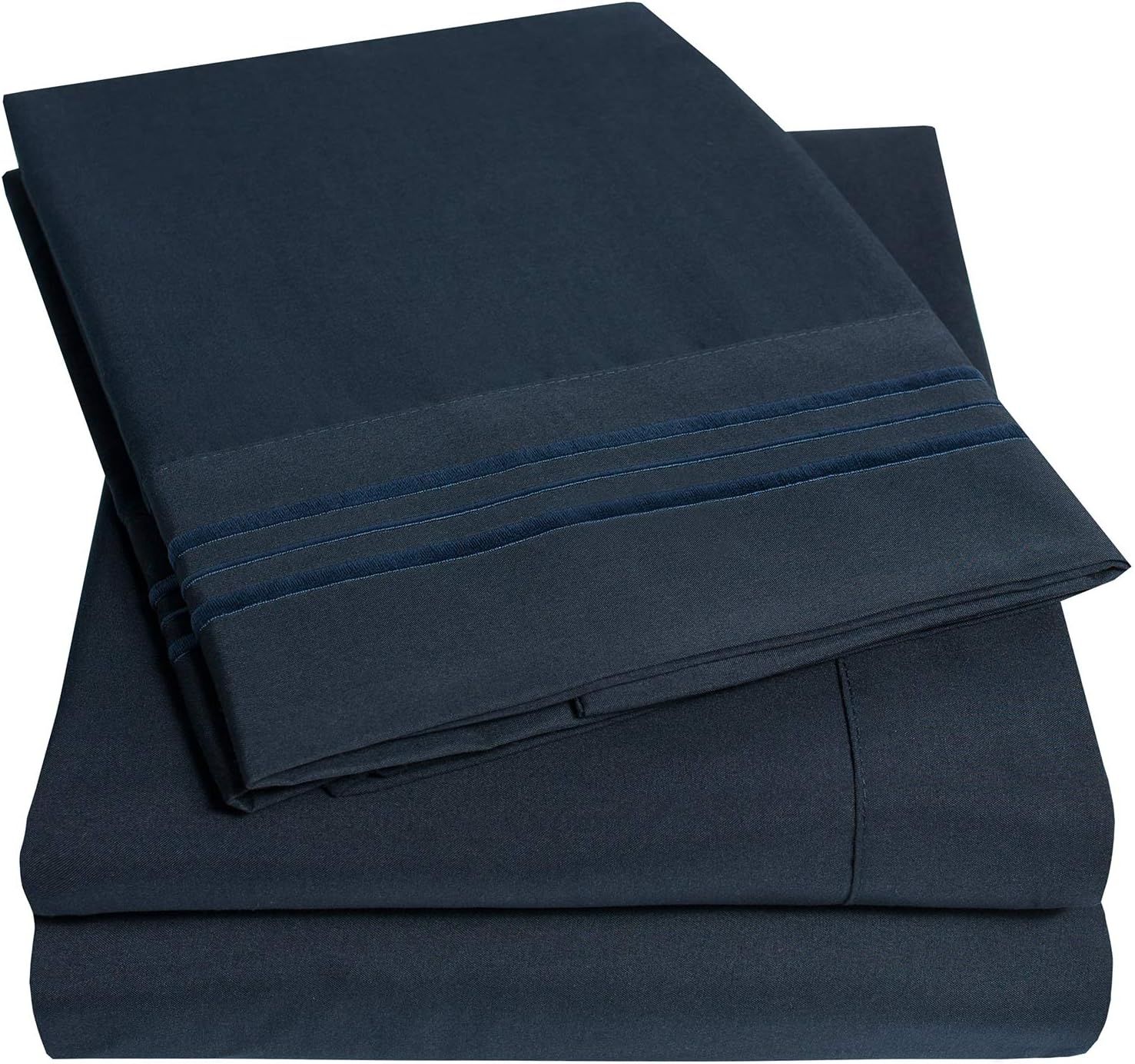 Navy Embroidered Microfiber Queen Sheet Set