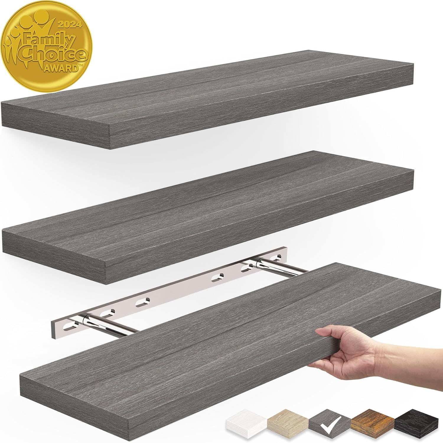 Gray Painted Wood 3-Tier Floating Wall Shelves