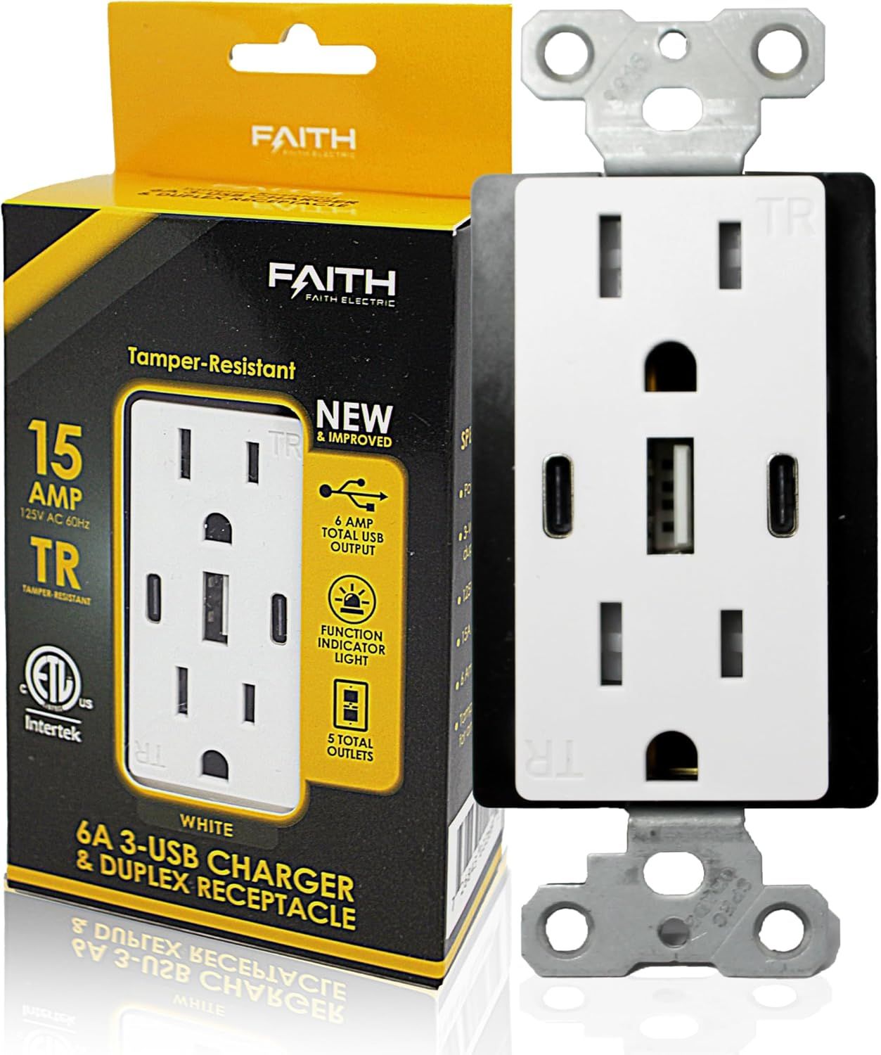 White 15 Amp Tamper Resistant Duplex Outlet with 3 USB Ports