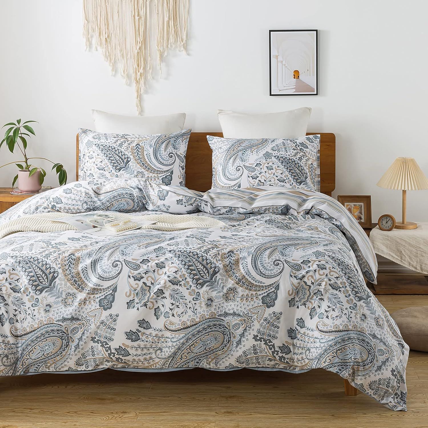 Queen Cotton Paisley Floral Duvet Cover Set with Zipper Closure