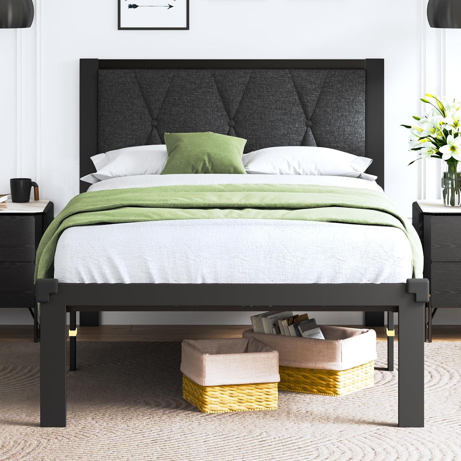 Dark Grey Twin Size Metal Bed Frame with Fabric Tufted Headboard