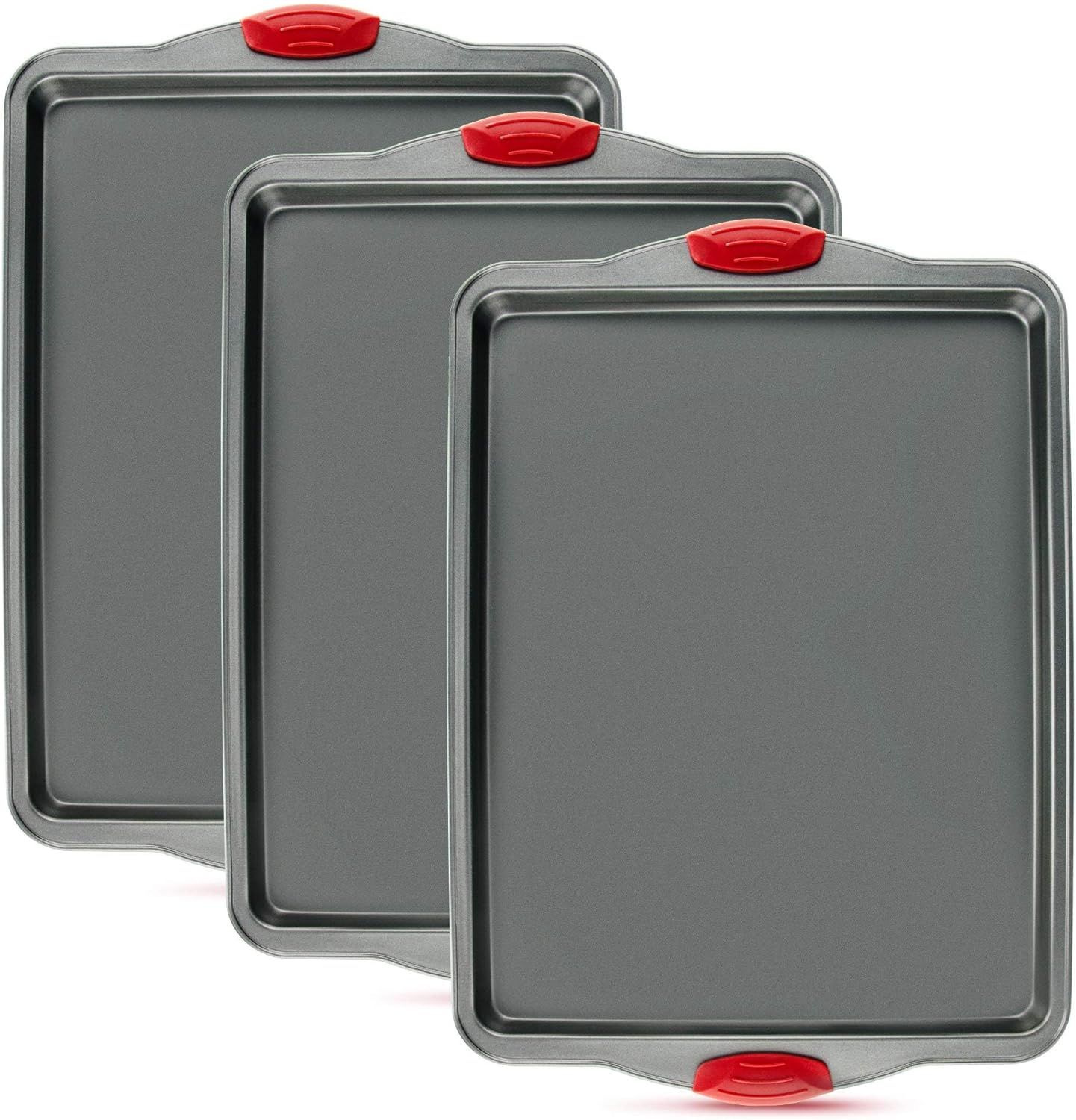 Heavy-Duty Nonstick Gray Sheet Pans with Red Silicone Grips