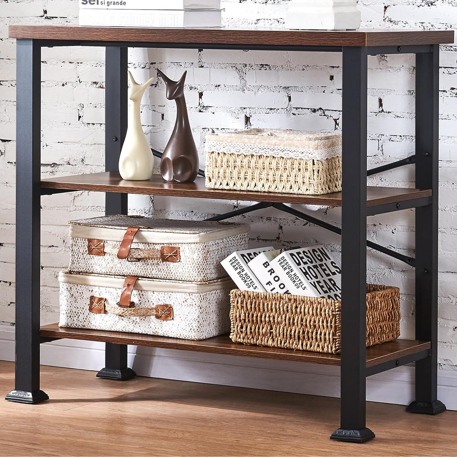 Rustic Brown 3-Tier Adjustable Wood and Metal Bookshelf