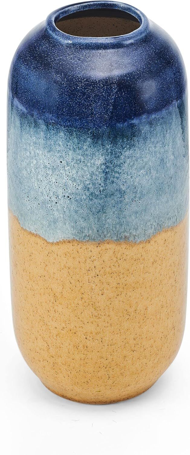 Blue and Tan Round Ceramic Table Vase