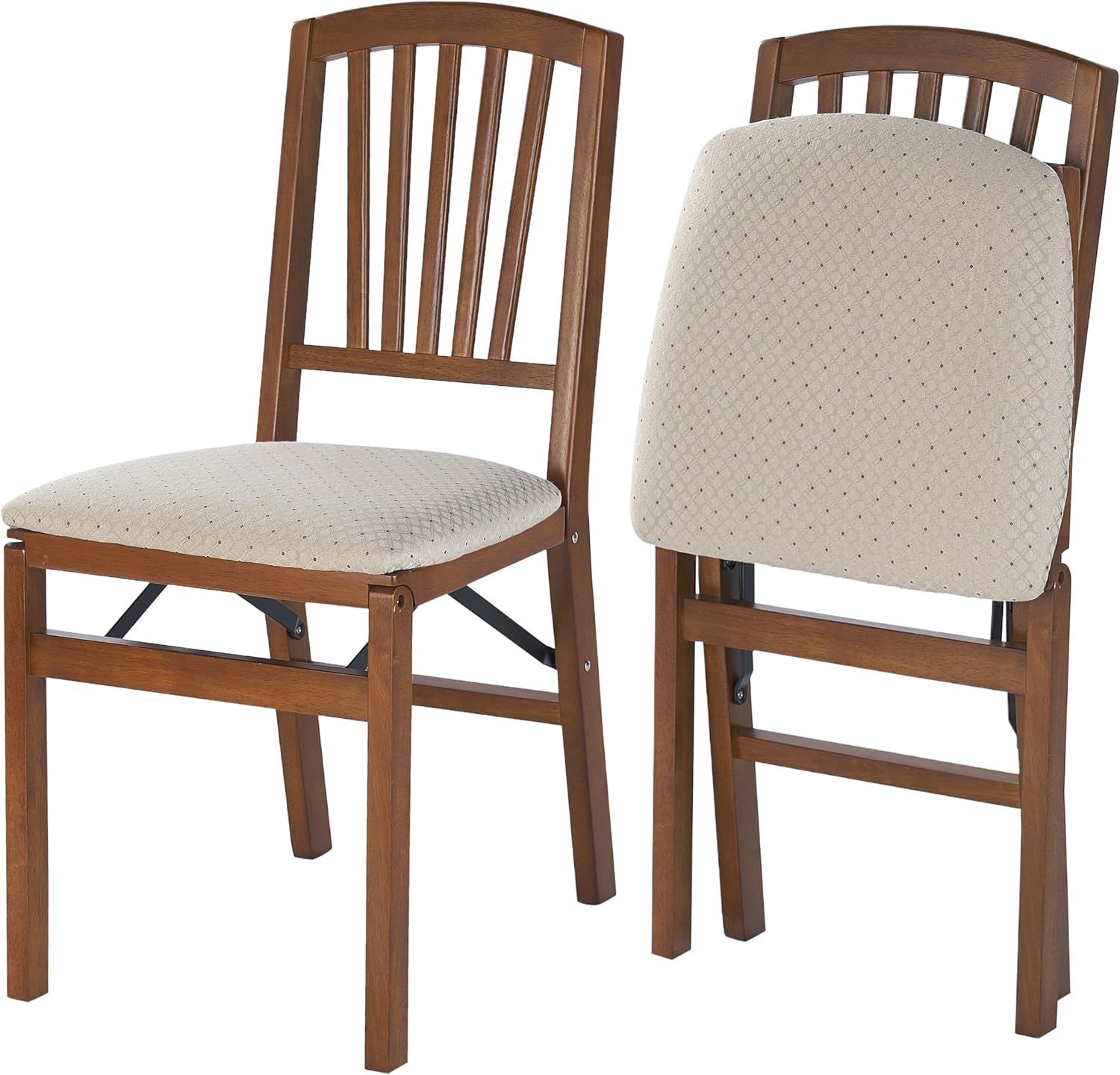 Fruitwood Upholstered Slat Back Folding Chairs, Set of 2