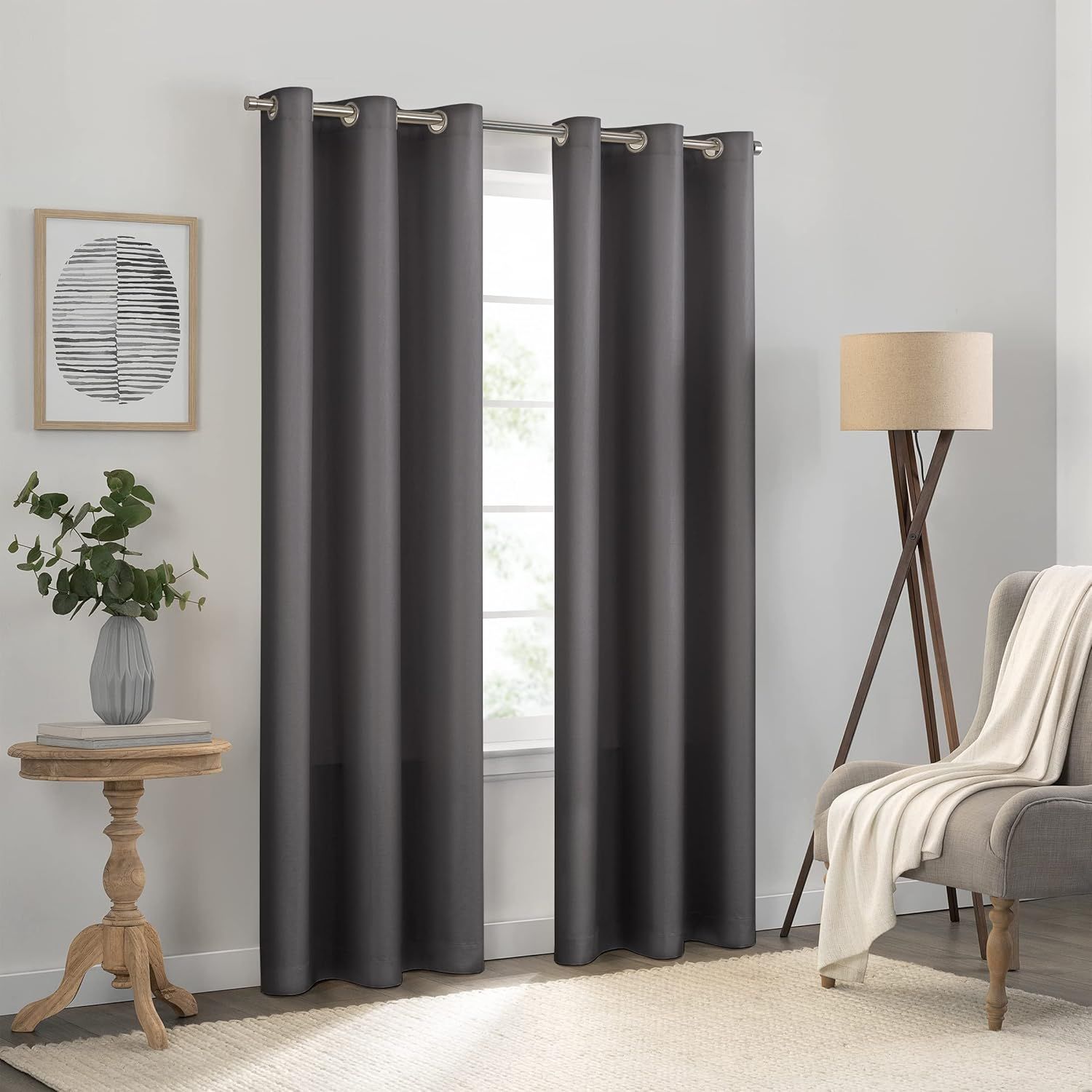 Charcoal Blackout Grommet Top Polyester Window Drapes