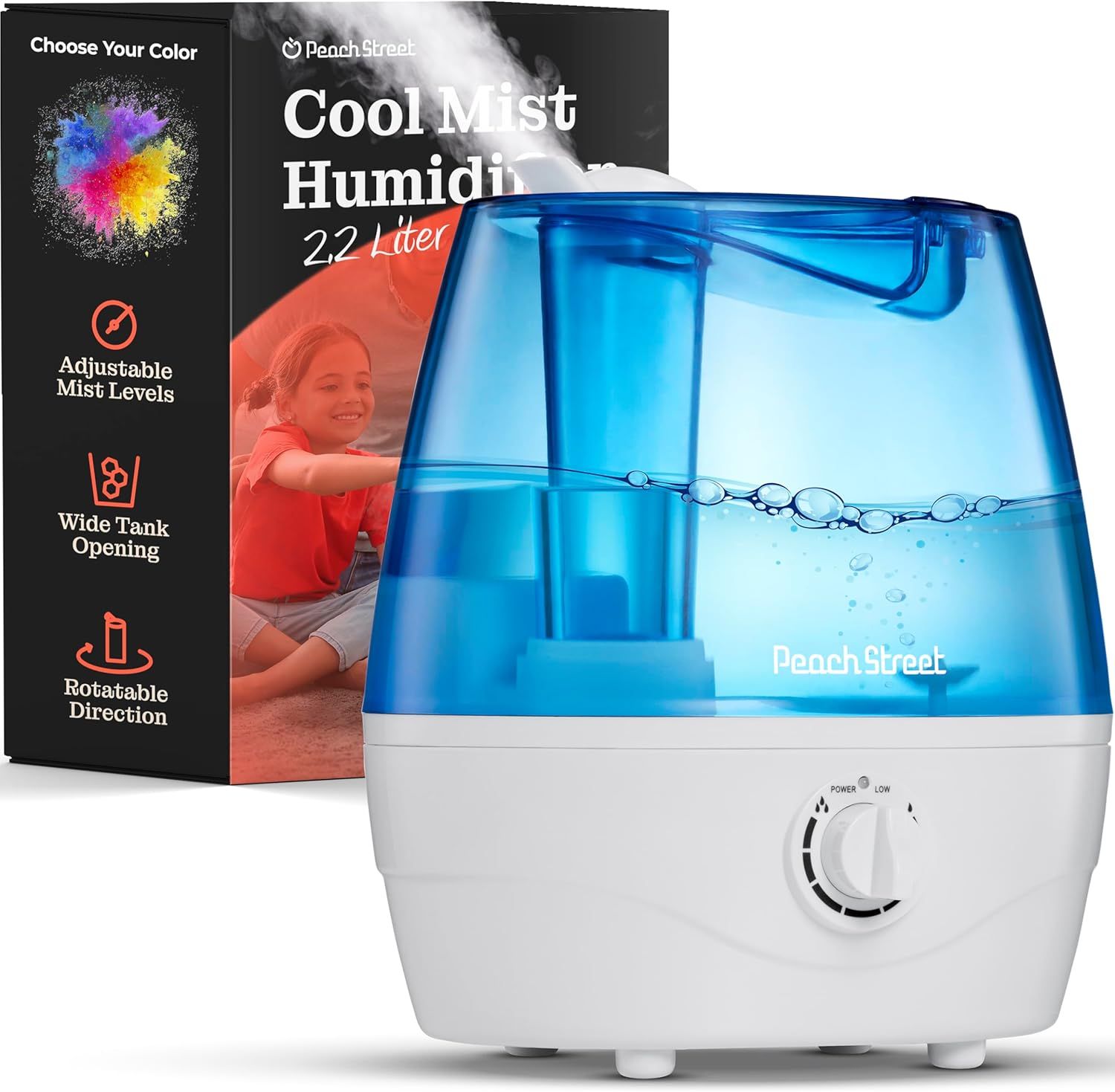 Blue and White 2.2L Cool Mist Humidifier with Adjustable Levels