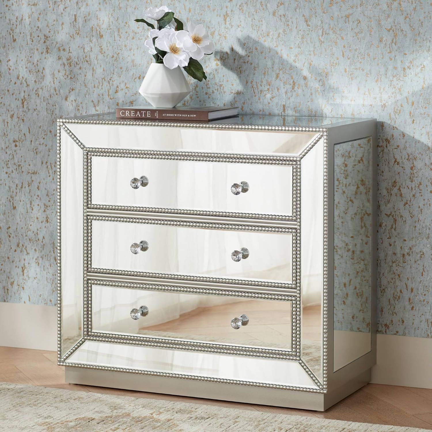 Trevi 32" Wide Mirrored Silver 3-Drawer Glam Accent Chest