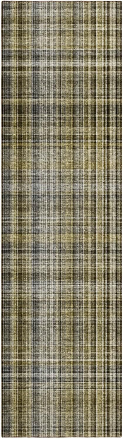 Taupe Plaid Machine Washable Indoor/Outdoor Runner Rug