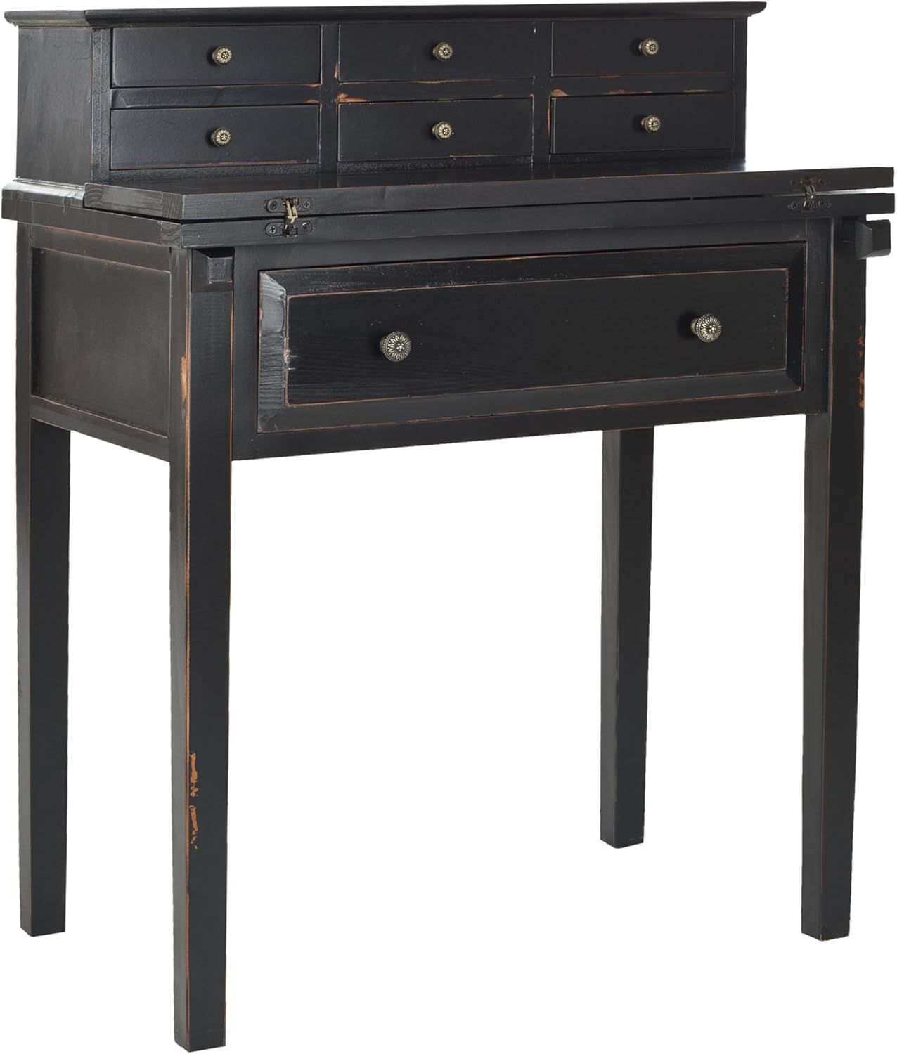 Transitional Black Wood Desk with 7 Drawers and Foldable Top