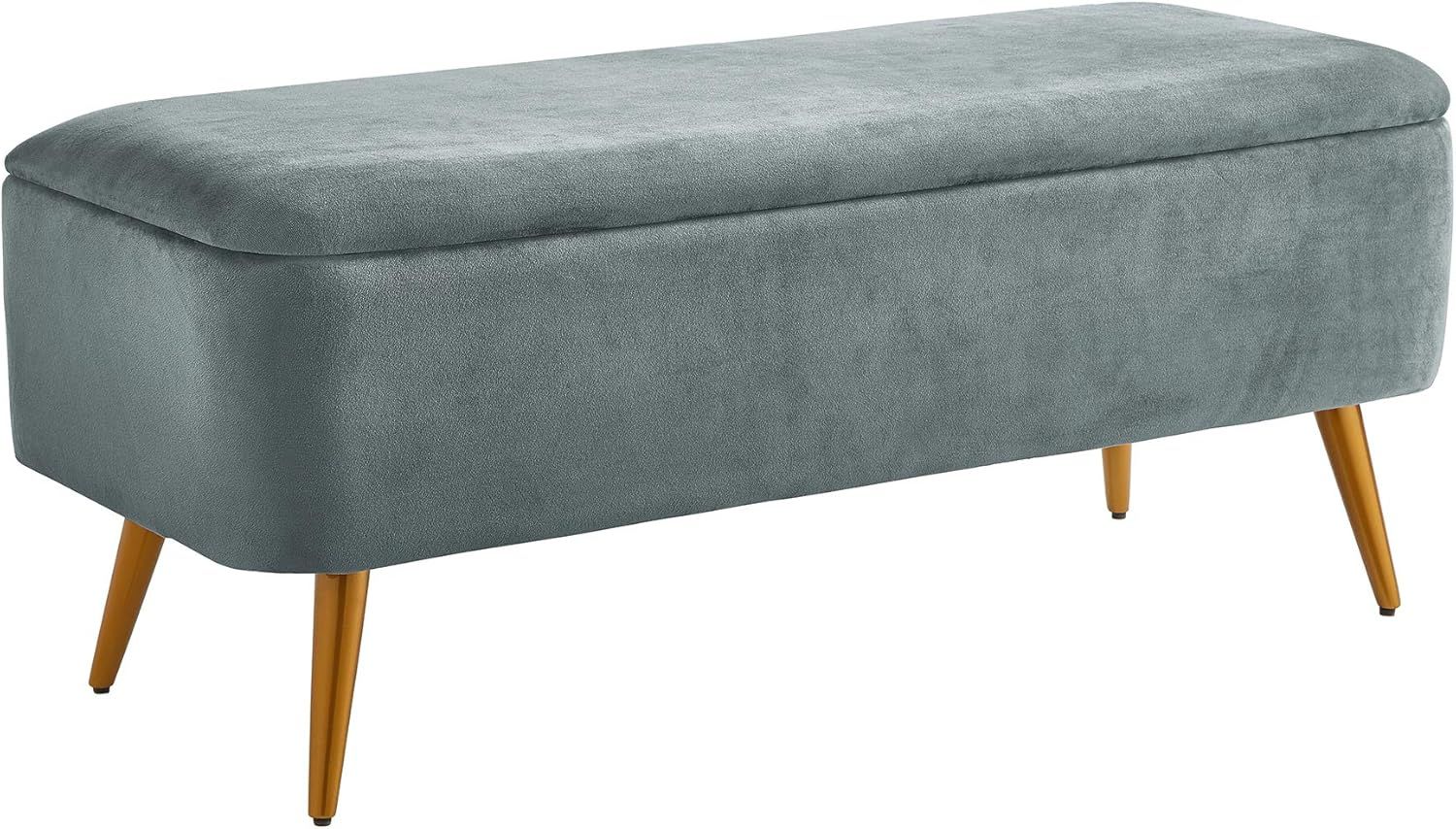 Gray Velvet Upholstered Storage Bench with Golden Tapered Legs