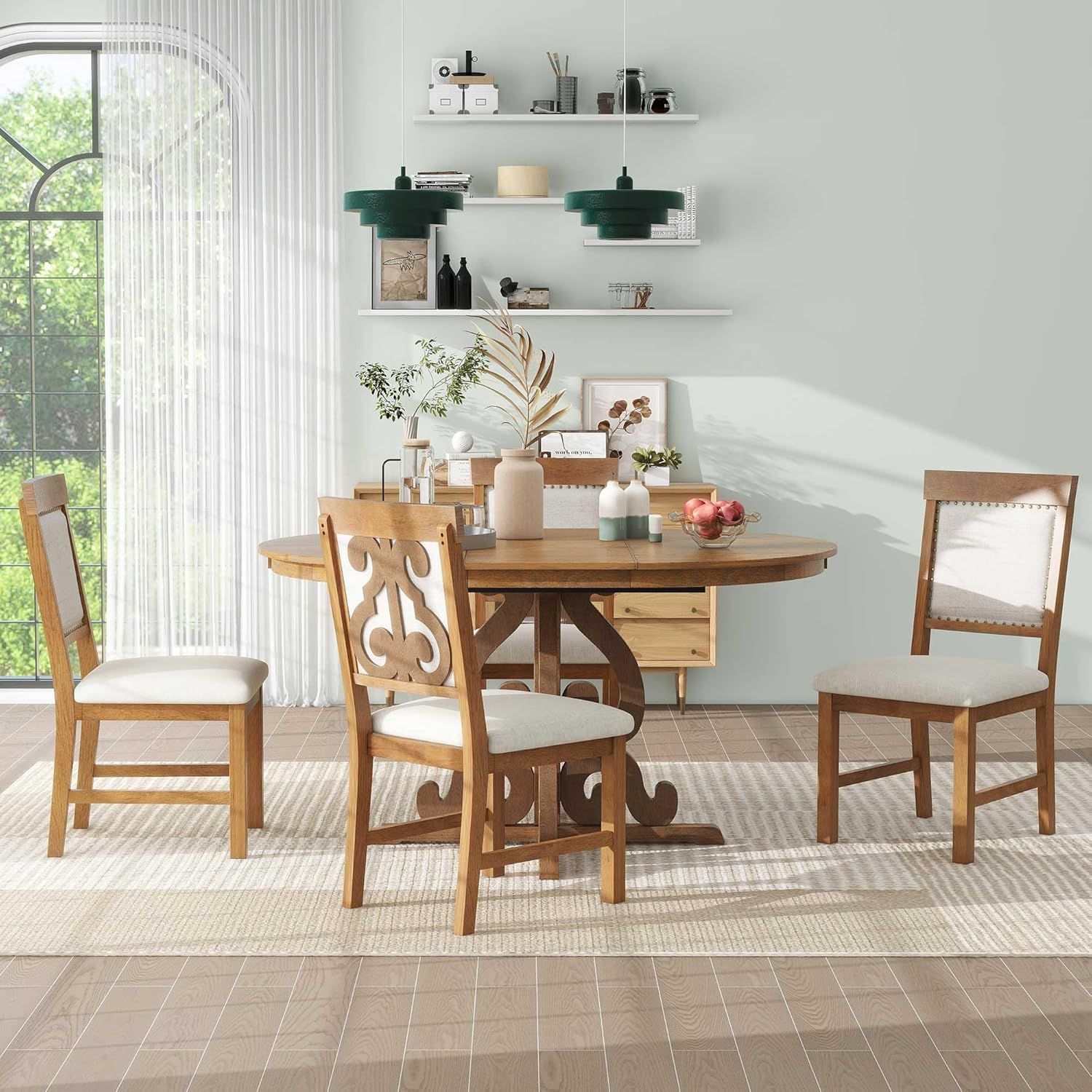 Walnut Extendable Dining Table Set with 4 Upholstered Chairs